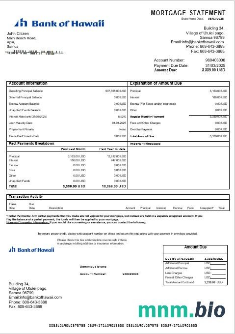 Samoa Bank of Hawaii wyciąg z kredytu hipotecznego w formatach Word i PDF